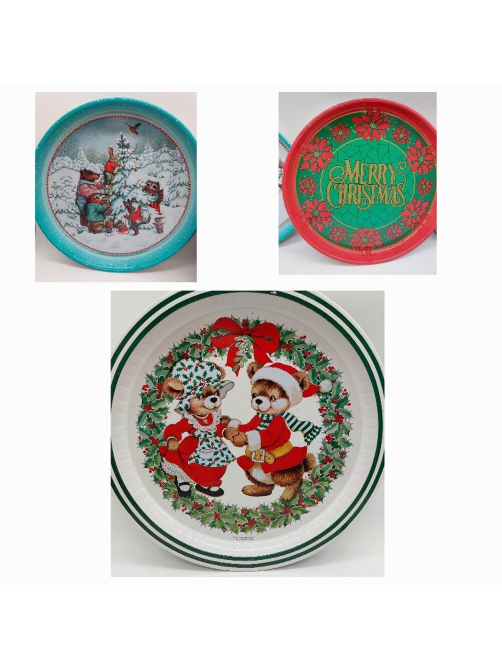 Christmas Serving Trays Metal MCM Party Tin Bears Poinsettia 11" Set Of 3